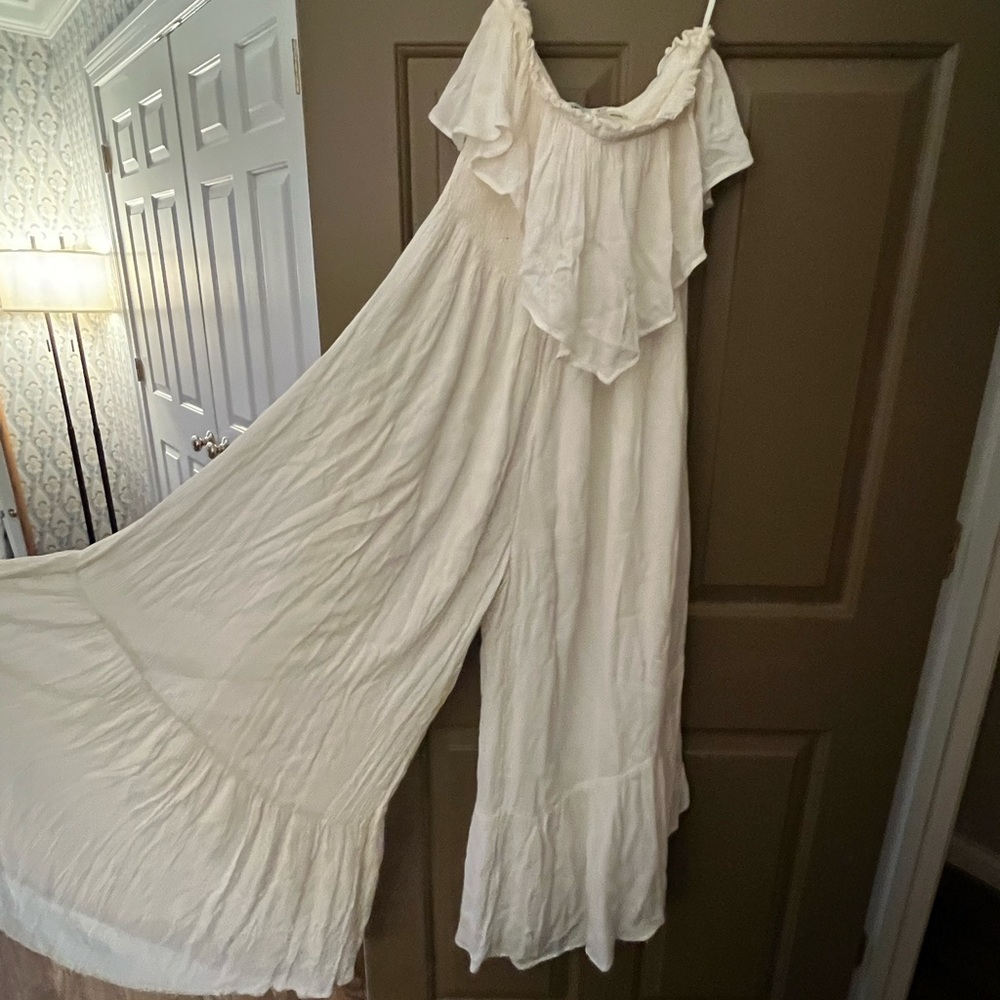 white strapless bell bottom jumpsuit